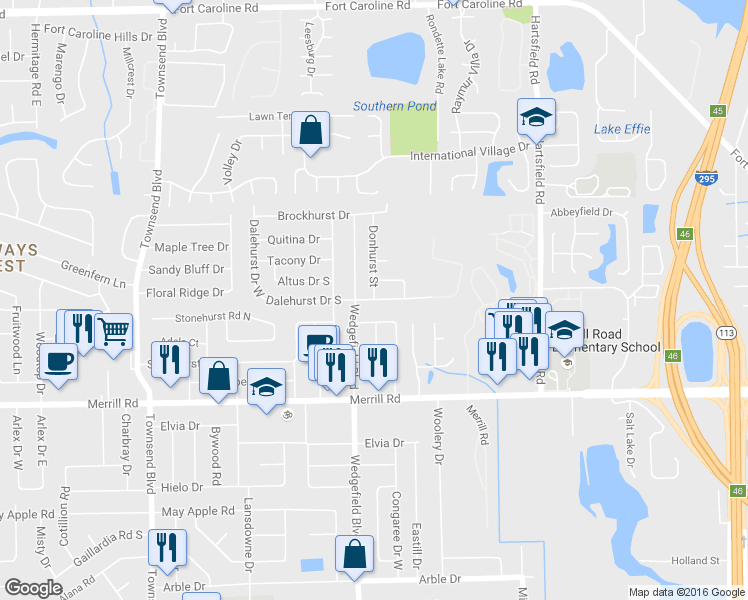 map of restaurants, bars, coffee shops, grocery stores, and more near Dalehurst Drive South in Jacksonville