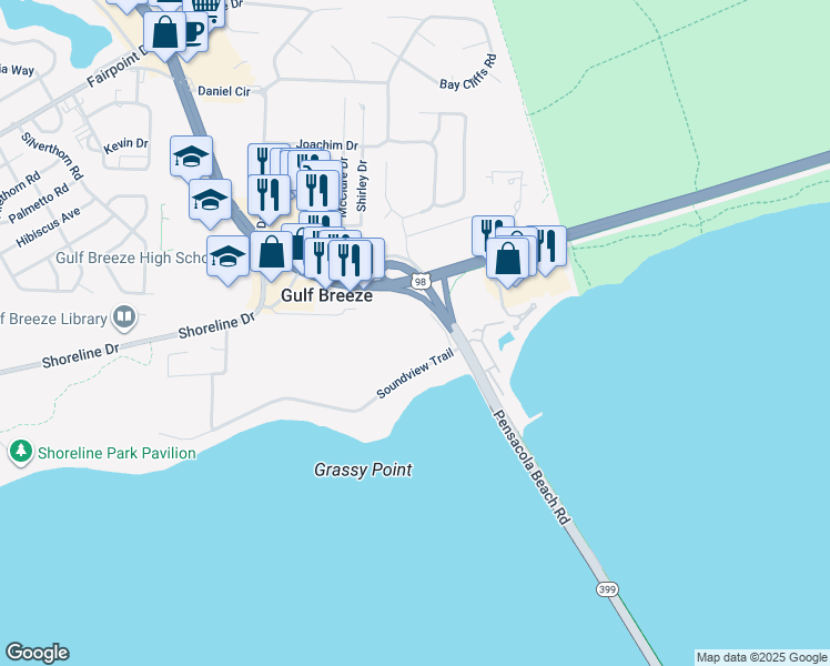 map of restaurants, bars, coffee shops, grocery stores, and more near 201 Pensacola Beach Road in Pensacola Beach