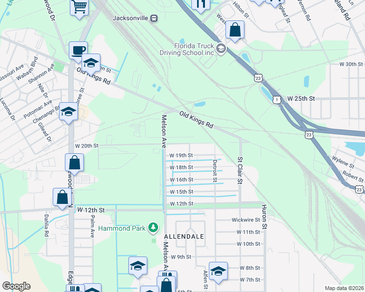 map of restaurants, bars, coffee shops, grocery stores, and more near 3119 West 19th Street in Jacksonville
