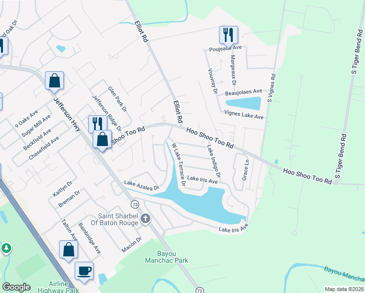 map of restaurants, bars, coffee shops, grocery stores, and more near 18549 Lake Camellia Avenue in Baton Rouge