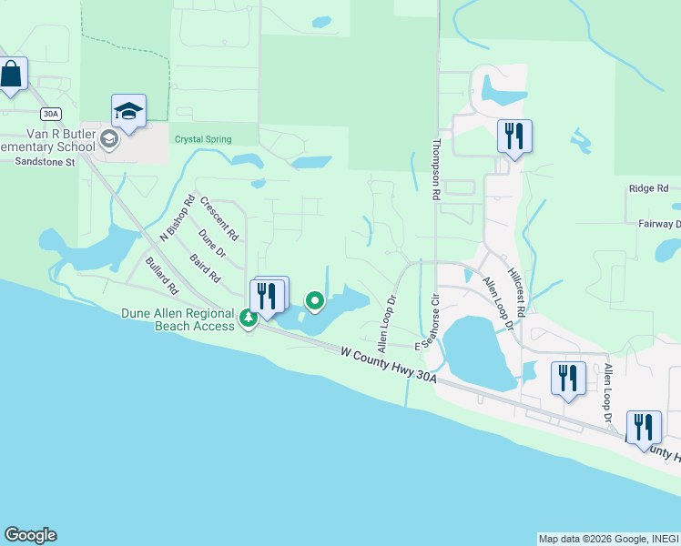 map of restaurants, bars, coffee shops, grocery stores, and more near 165 Dolphin Drive in Santa Rosa Beach