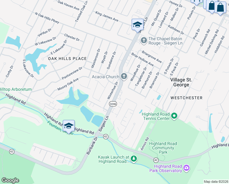 map of restaurants, bars, coffee shops, grocery stores, and more near 10243 Winterhue Drive in Baton Rouge