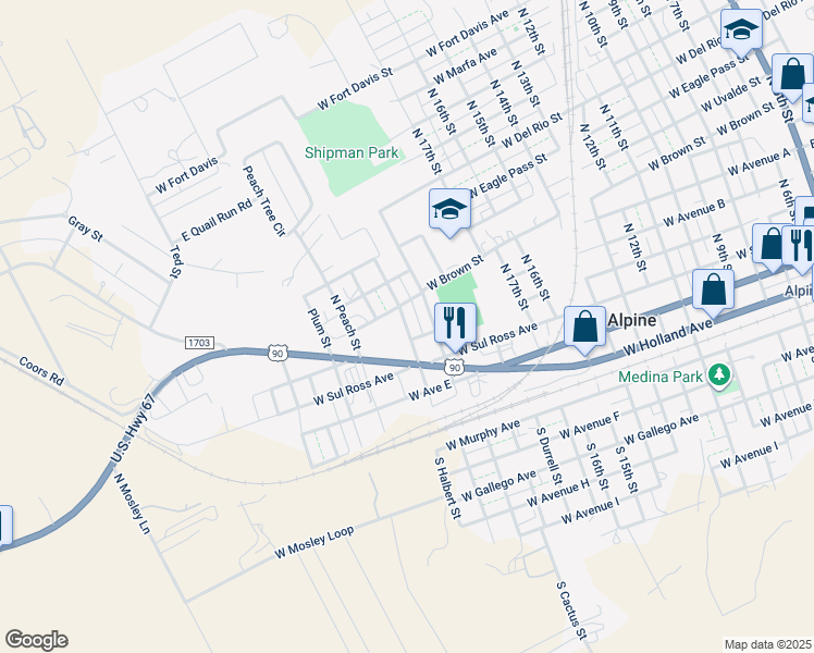 map of restaurants, bars, coffee shops, grocery stores, and more near 401-599 North Orange Street in Alpine