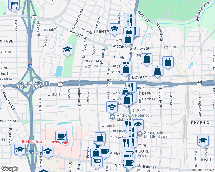 map of restaurants, bars, coffee shops, grocery stores, and more near 2820 Silver Street in Jacksonville