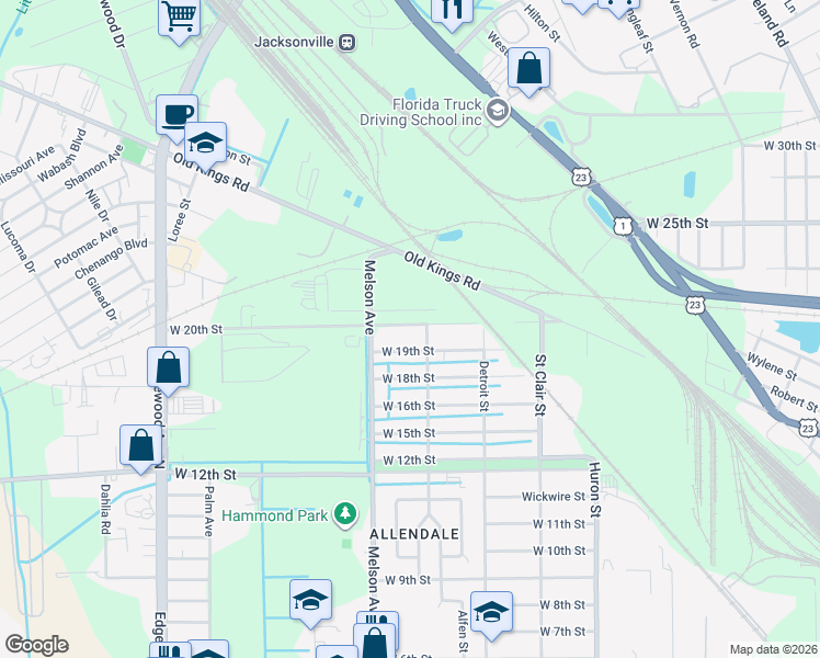 map of restaurants, bars, coffee shops, grocery stores, and more near 3119 West 19th Street in Jacksonville