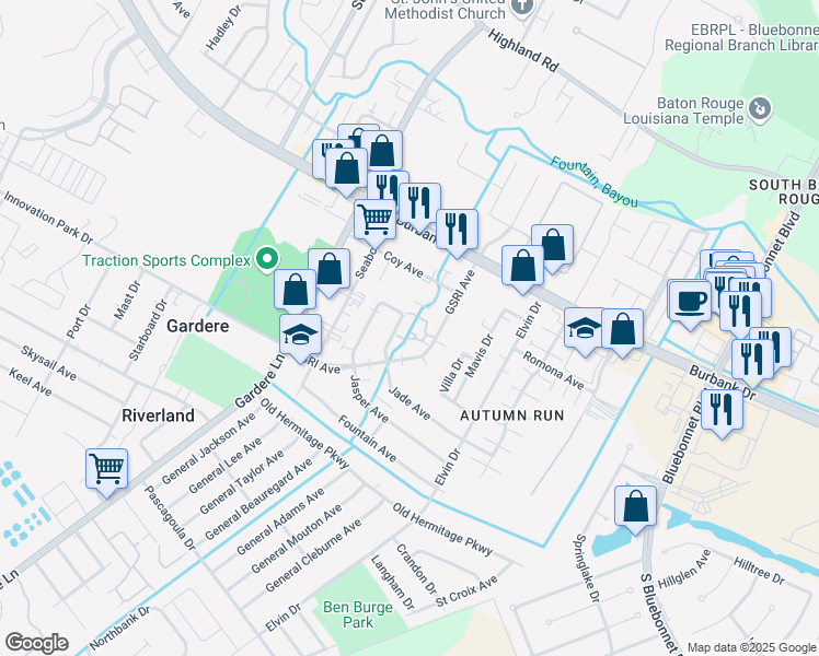 map of restaurants, bars, coffee shops, grocery stores, and more near 8911 GSRI Avenue in Baton Rouge