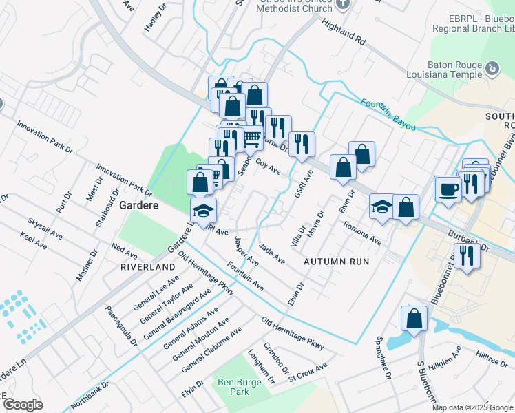 map of restaurants, bars, coffee shops, grocery stores, and more near 1428 Jade Avenue in Baton Rouge