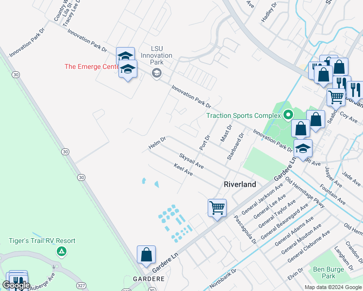 map of restaurants, bars, coffee shops, grocery stores, and more near 8121 Skysail Avenue in Baton Rouge
