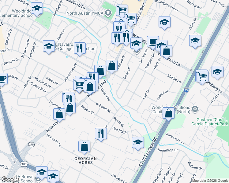 map of restaurants, bars, coffee shops, grocery stores, and more near 502 Deen Avenue in Austin