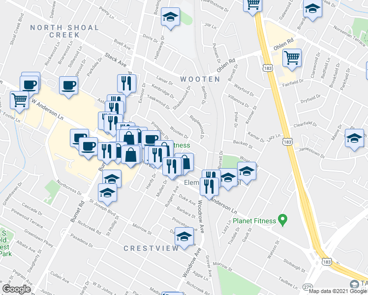 map of restaurants, bars, coffee shops, grocery stores, and more near Mullen Drive & Pompton Drive in Austin