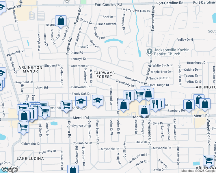 map of restaurants, bars, coffee shops, grocery stores, and more near 3126 Fruitwood Lane in Jacksonville
