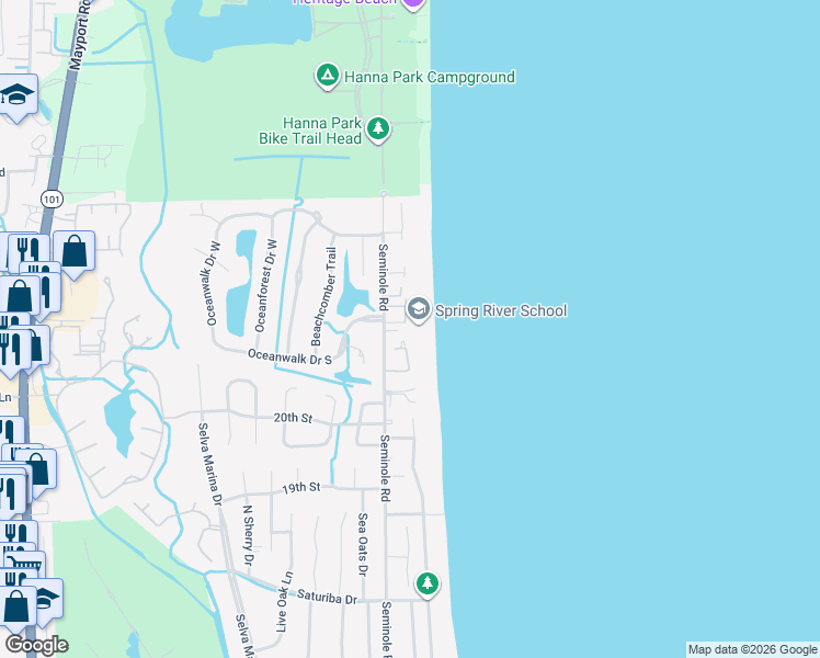 map of restaurants, bars, coffee shops, grocery stores, and more near 93 Kimberly Court in Atlantic Beach