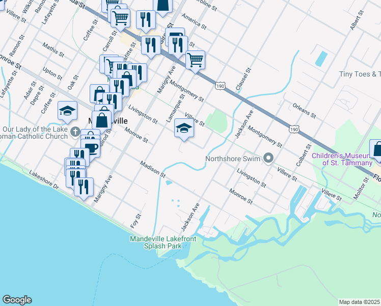 map of restaurants, bars, coffee shops, grocery stores, and more near 1620 Livingston Street in Mandeville