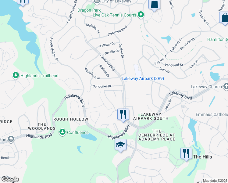 map of restaurants, bars, coffee shops, grocery stores, and more near 177 World of Tennis Square in Lakeway