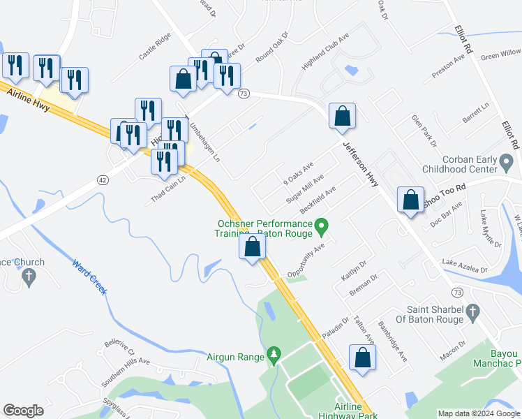 map of restaurants, bars, coffee shops, grocery stores, and more near 17432 Copperfield Drive in Baton Rouge