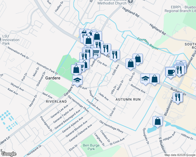 map of restaurants, bars, coffee shops, grocery stores, and more near 1346 Jade Avenue in Baton Rouge