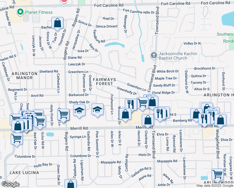 map of restaurants, bars, coffee shops, grocery stores, and more near 3118 Woodtop Drive in Jacksonville