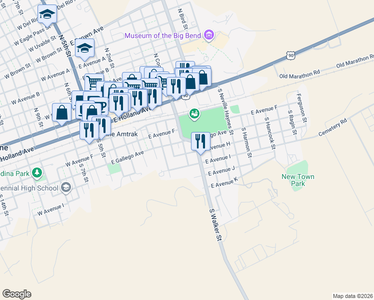 map of restaurants, bars, coffee shops, grocery stores, and more near 804 East Ave H in Alpine