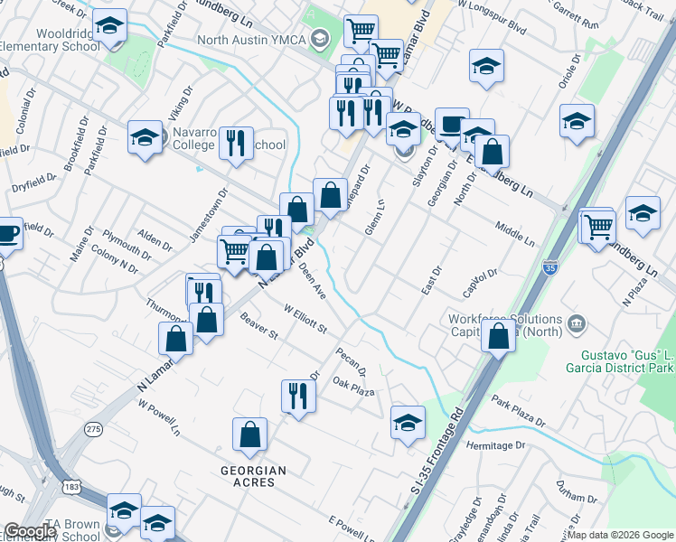 map of restaurants, bars, coffee shops, grocery stores, and more near 502 Deen Avenue in Austin