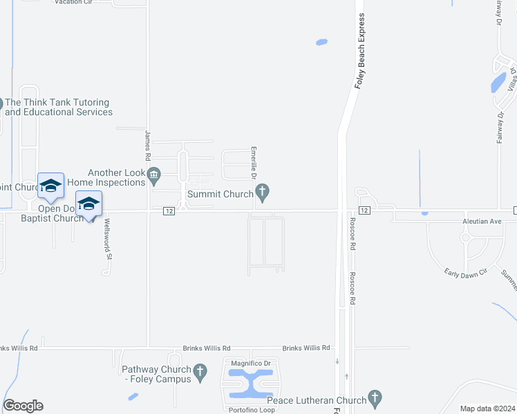 map of restaurants, bars, coffee shops, grocery stores, and more near 3900 Emerille Drive in Foley