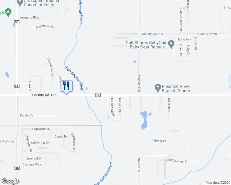 map of restaurants, bars, coffee shops, grocery stores, and more near 18795 County Road 12 South in Foley