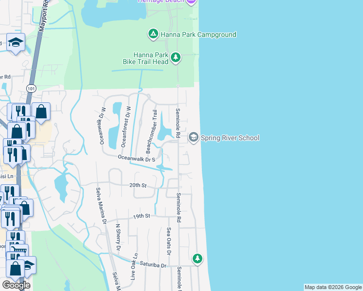 map of restaurants, bars, coffee shops, grocery stores, and more near 93 Kimberly Court in Atlantic Beach