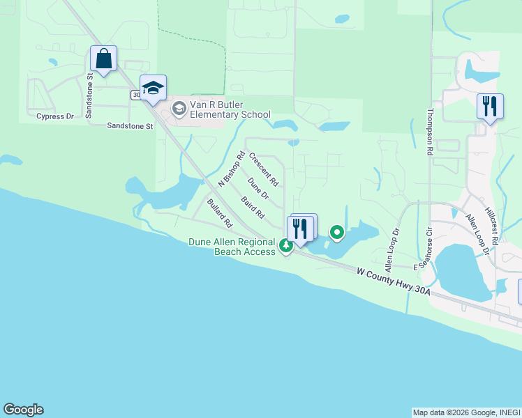 map of restaurants, bars, coffee shops, grocery stores, and more near 68 Baird Road in Santa Rosa Beach