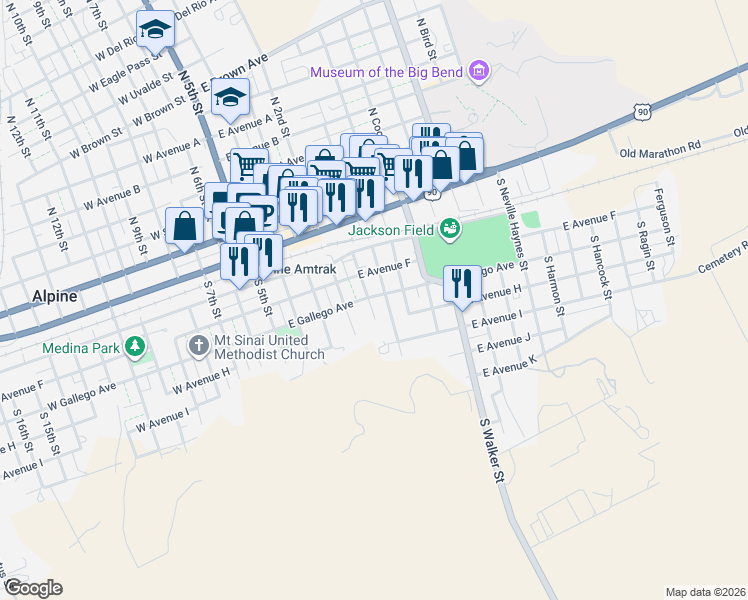 map of restaurants, bars, coffee shops, grocery stores, and more near 400 South 1st Street in Alpine
