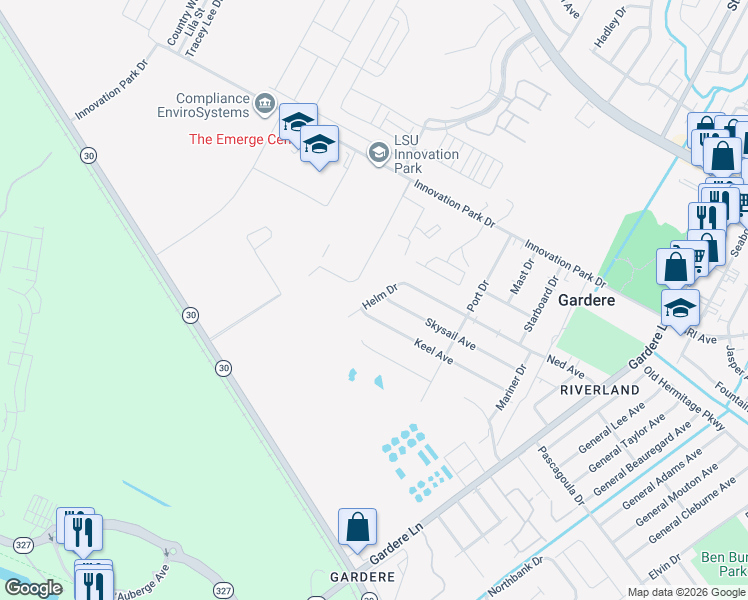 map of restaurants, bars, coffee shops, grocery stores, and more near 2020 Helm Drive in Baton Rouge