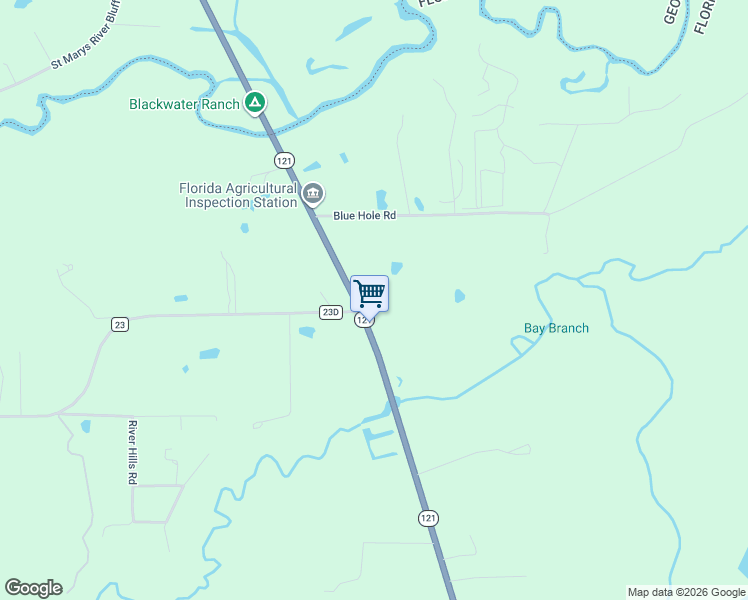 map of restaurants, bars, coffee shops, grocery stores, and more near 15693 Florida 121 in Macclenny