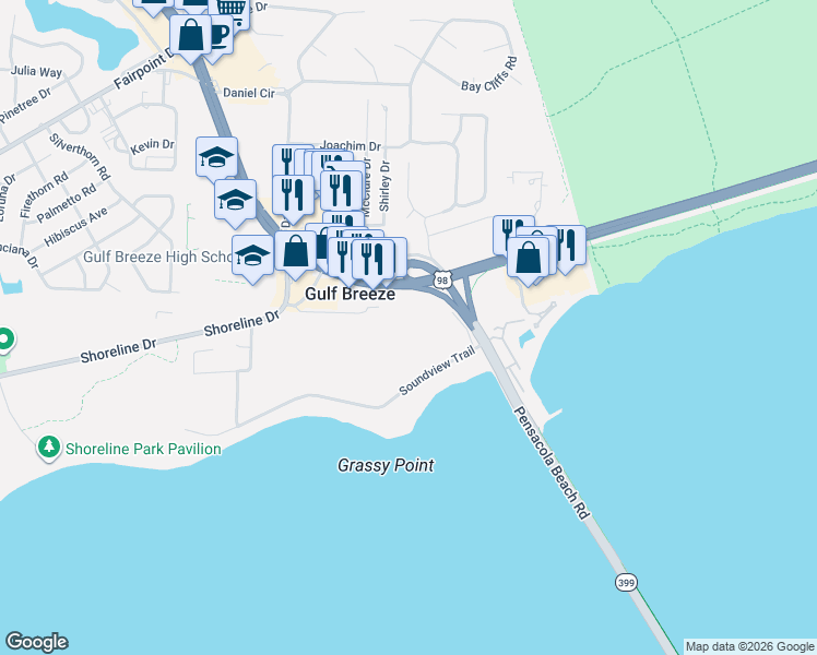 map of restaurants, bars, coffee shops, grocery stores, and more near 913 Gulf Breeze Parkway in Gulf Breeze