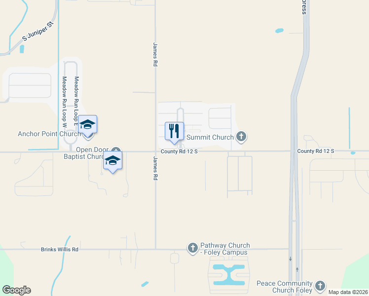 map of restaurants, bars, coffee shops, grocery stores, and more near 21000-21114 County Road 12 in Foley
