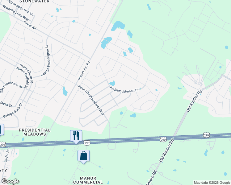map of restaurants, bars, coffee shops, grocery stores, and more near 19700 James Manor Street in Manor