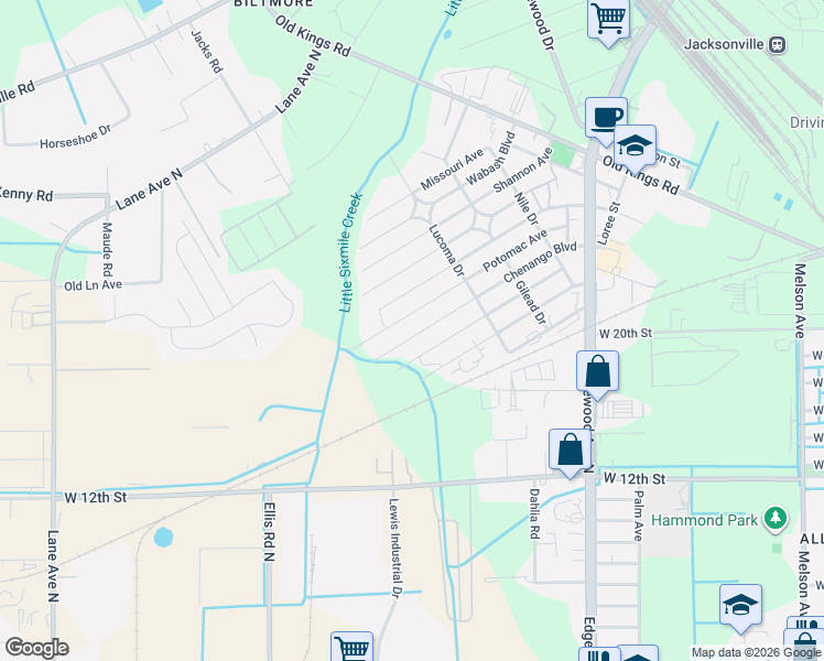 map of restaurants, bars, coffee shops, grocery stores, and more near 5537 Kankakee Boulevard in Jacksonville