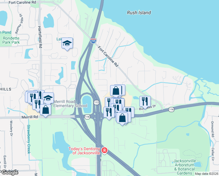 map of restaurants, bars, coffee shops, grocery stores, and more near 3405 Caroline Ridge Lane East in Jacksonville