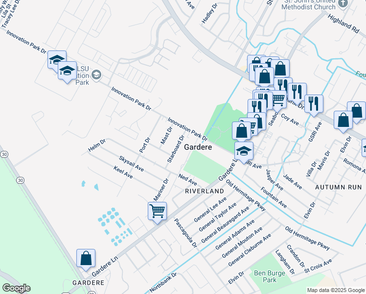 map of restaurants, bars, coffee shops, grocery stores, and more near 1753 Starboard Drive in Baton Rouge