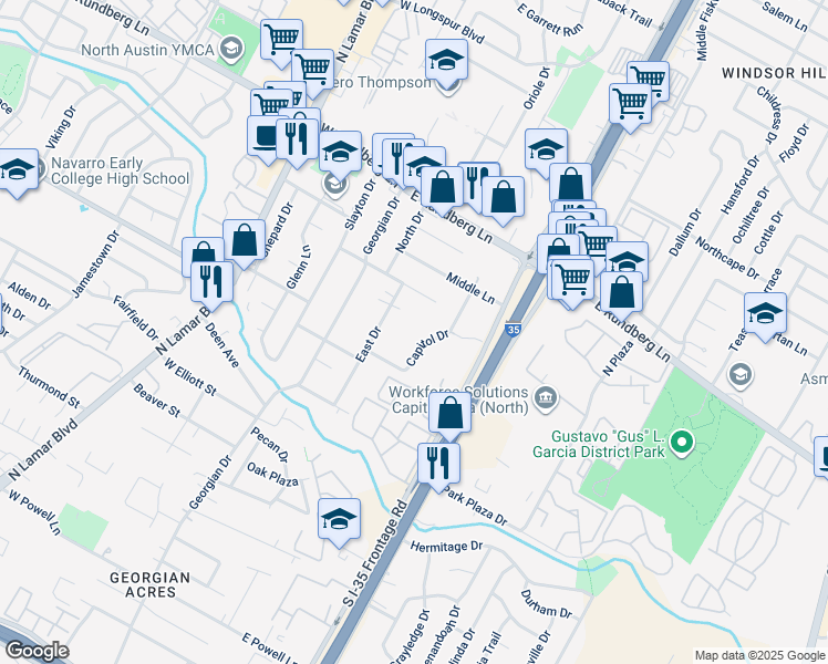 map of restaurants, bars, coffee shops, grocery stores, and more near 8908 Capitol Drive in Austin