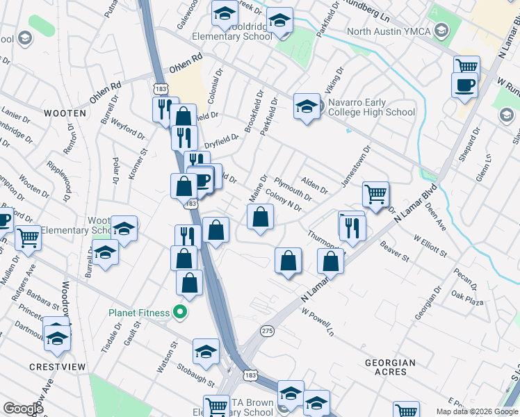 map of restaurants, bars, coffee shops, grocery stores, and more near 8402 Staunton Drive in Austin