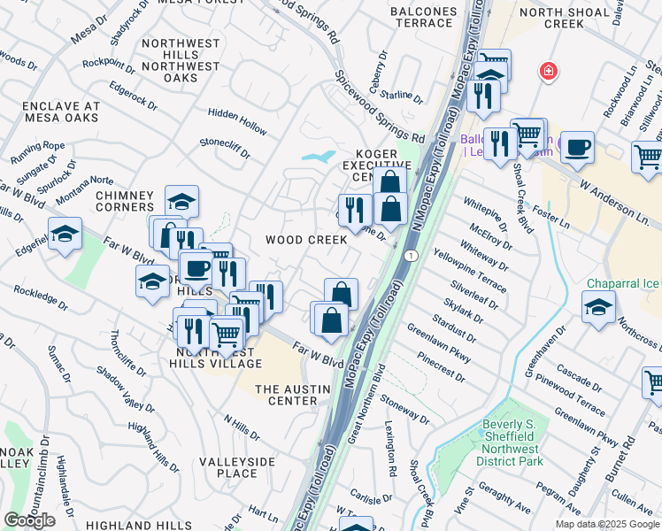 map of restaurants, bars, coffee shops, grocery stores, and more near 7131 Wood Hollow Drive in Austin