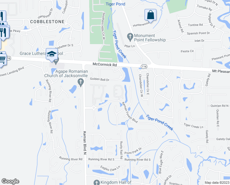 map of restaurants, bars, coffee shops, grocery stores, and more near 1723 Forest Lake Circle West in Jacksonville