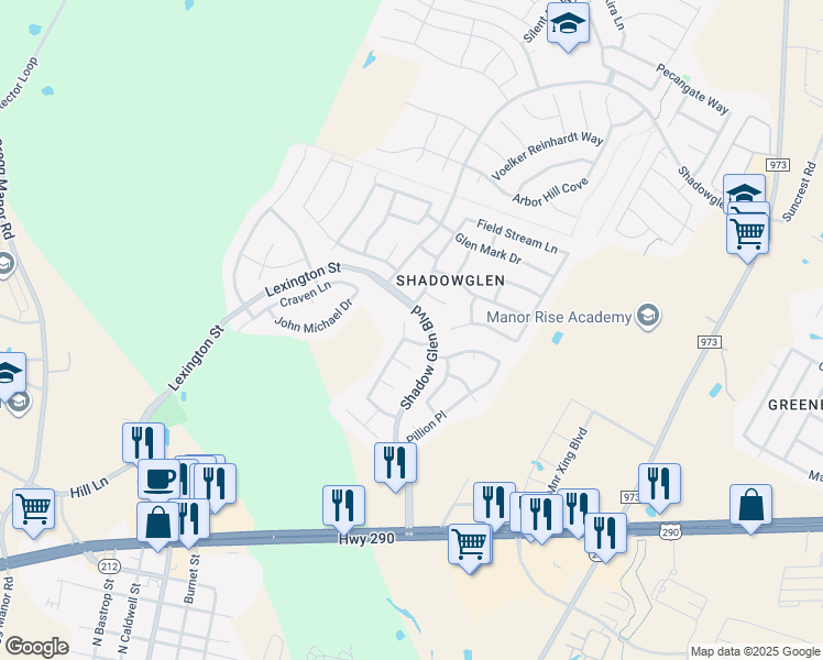 map of restaurants, bars, coffee shops, grocery stores, and more near 11213 Terrace Meadow Way in Manor