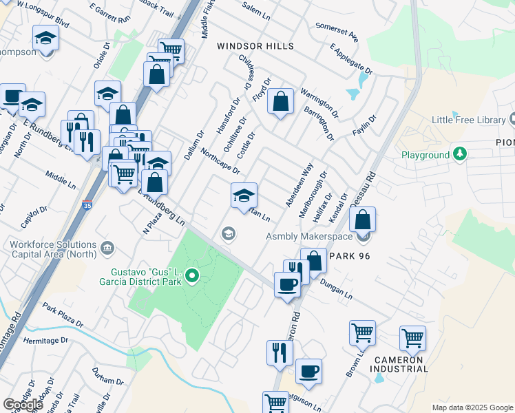 map of restaurants, bars, coffee shops, grocery stores, and more near 1200 East Rundberg Lane in Austin