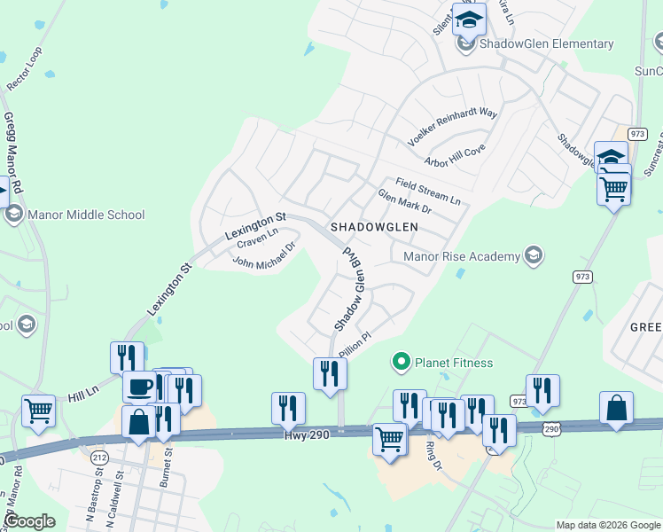 map of restaurants, bars, coffee shops, grocery stores, and more near 13604 Branch Light Lane in Manor