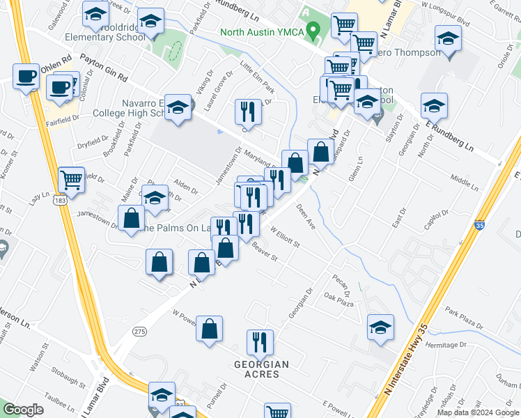 map of restaurants, bars, coffee shops, grocery stores, and more near 8610 North Lamar Boulevard in Austin