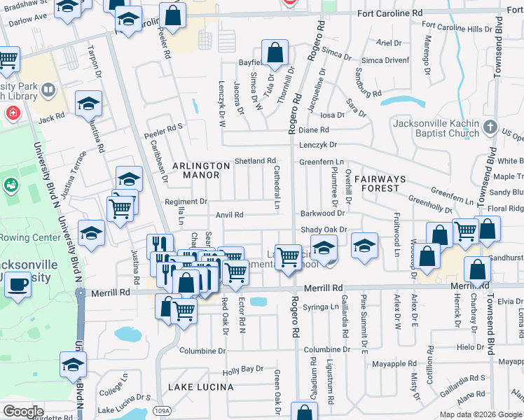 map of restaurants, bars, coffee shops, grocery stores, and more near 6344 Anvil Road in Jacksonville