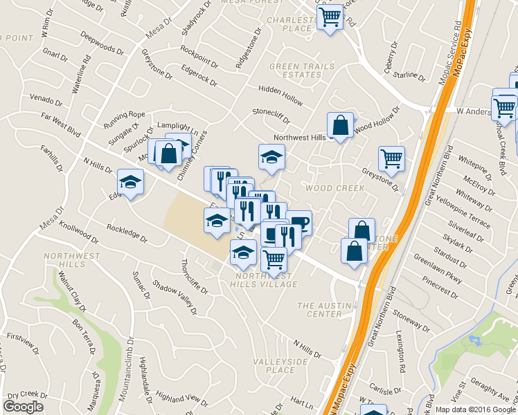 map of restaurants, bars, coffee shops, grocery stores, and more near 7202 Hart Lane in Austin