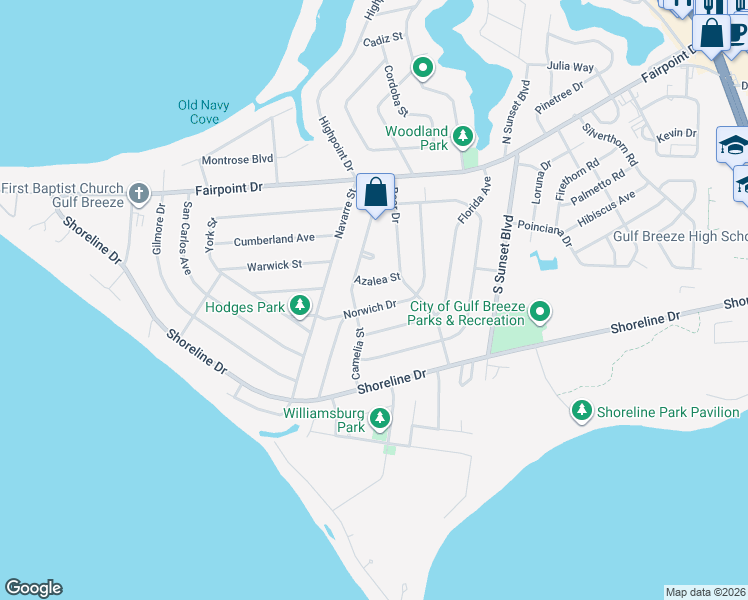 map of restaurants, bars, coffee shops, grocery stores, and more near 213 Norwich Drive in Gulf Breeze