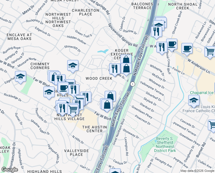 map of restaurants, bars, coffee shops, grocery stores, and more near 7131 Wood Hollow Drive in Austin