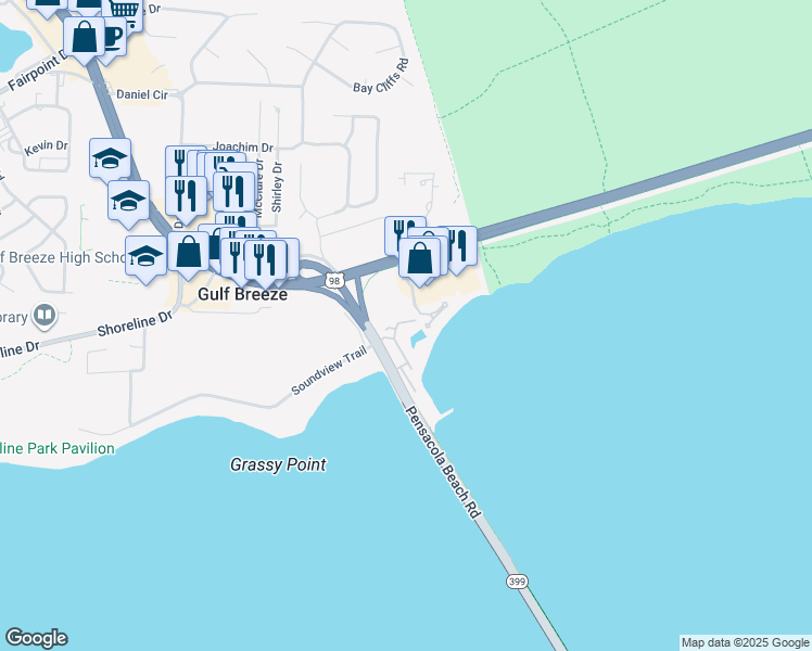 map of restaurants, bars, coffee shops, grocery stores, and more near 200 Pensacola Beach Boulevard in Gulf Breeze