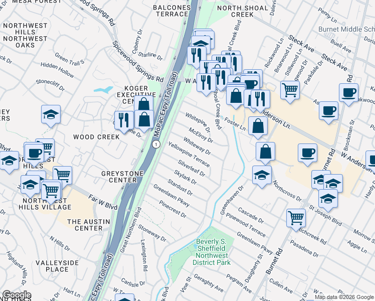 map of restaurants, bars, coffee shops, grocery stores, and more near 3109 Yellowpine Terrace in Austin